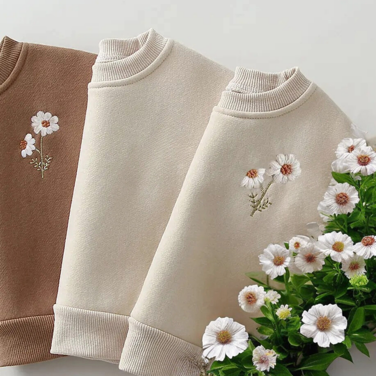 Daisy Flower Embroidered Sweatshirt with Matching Pants Set For Babies and Little Girls- Thick Fleece Jumpsuit Set For Girls