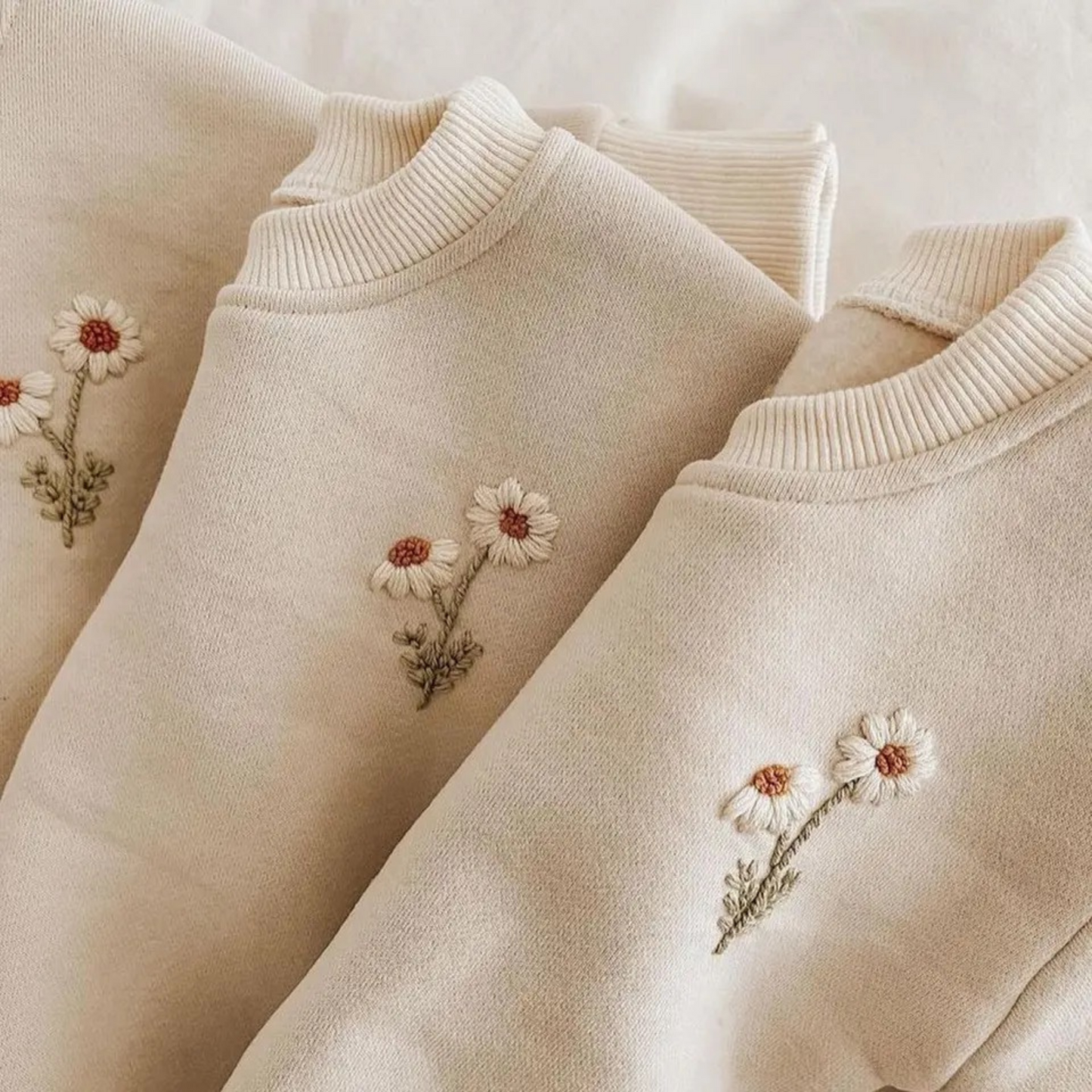 Daisy Flower Embroidered Sweatshirt with Matching Pants Set For Babies and Little Girls- Thick Fleece Jumpsuit Set For Girls