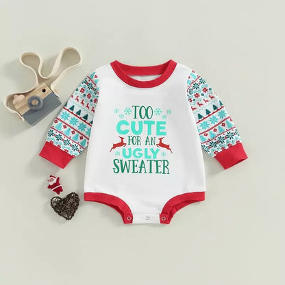 Too Cute For Ugly Sweater Fun Festive Holiday Onesie for Babies and Toddlers, Long Sleeve Ugly Sweater Christmas Onesie