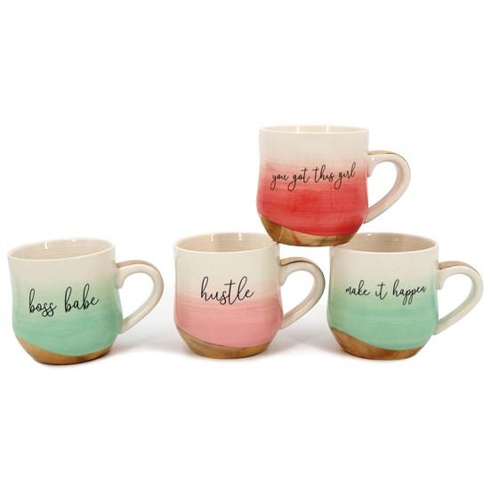 Four Mugs with different ombre colors with cursive words that say You got this girl, Hustle, Boss Babe, Make It happen