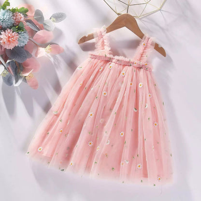 Spring Wildflower Daisy Embroidered Dress for Little Girls, Toddlers