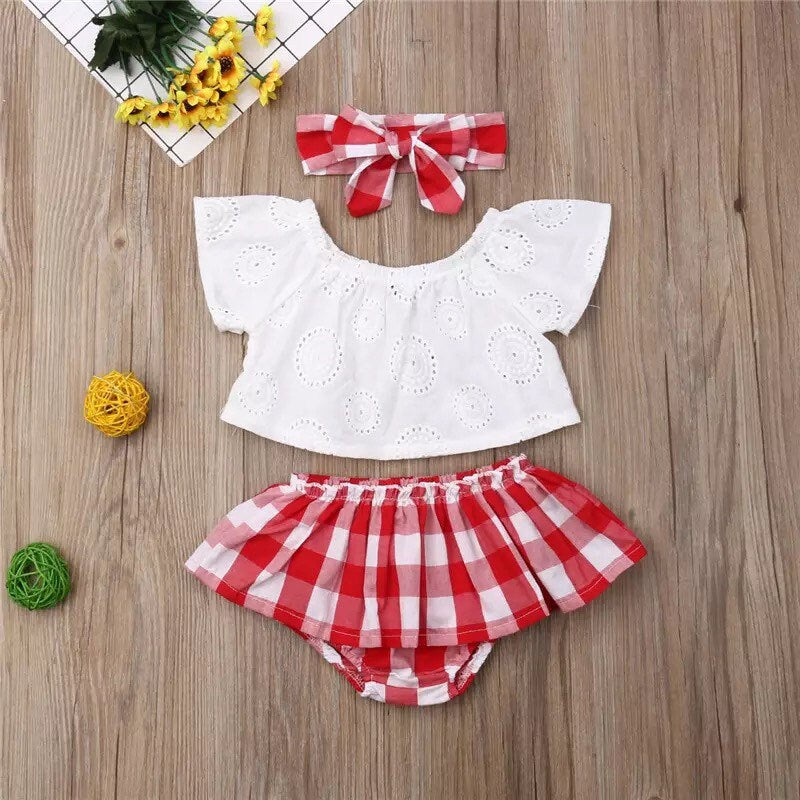 Red Plaid Checkered Baby Outfit 3 Piece Set for Summer