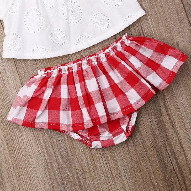 Red Plaid Checkered Baby Outfit 3 Piece Set for Summer