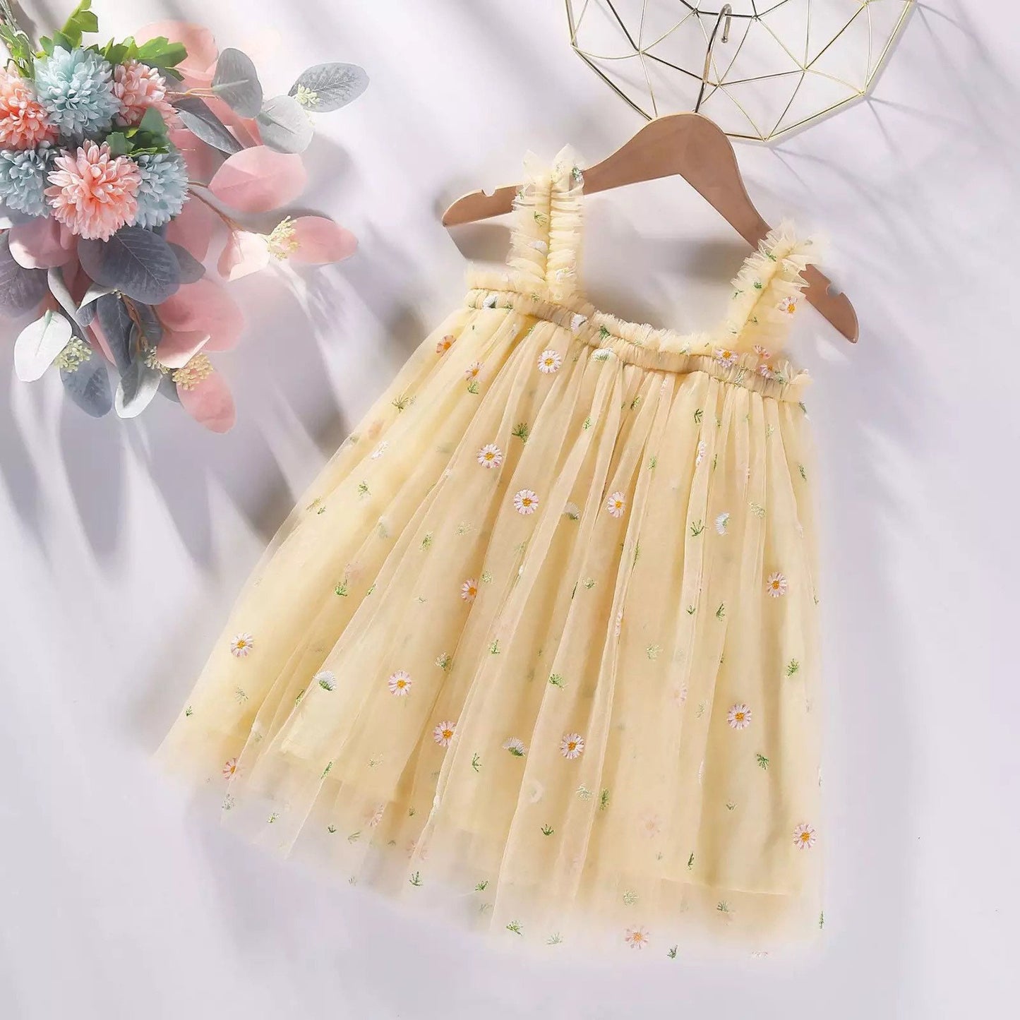 Spring Wildflower Daisy Embroidered Dress for Little Girls, Toddlers