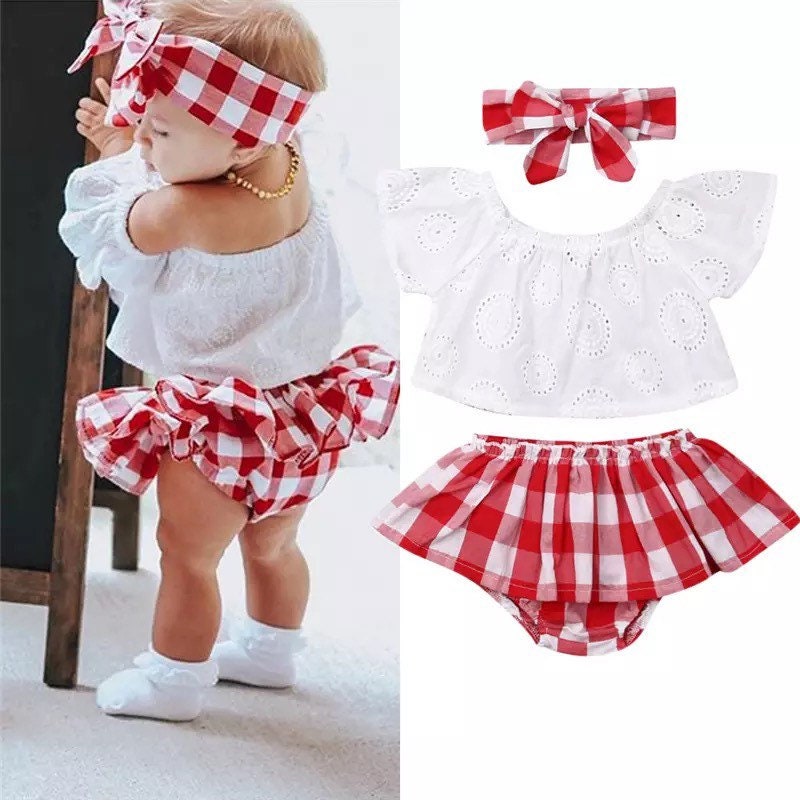 Red Plaid Checkered Baby Outfit 3 Piece Set for Summer