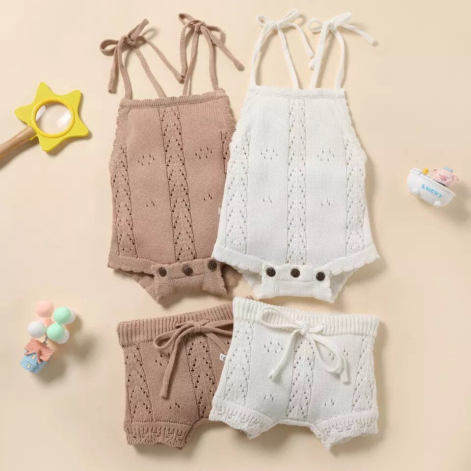 Summer Knit Onesie and Bottoms in Beige or White for Babies and Toddlers