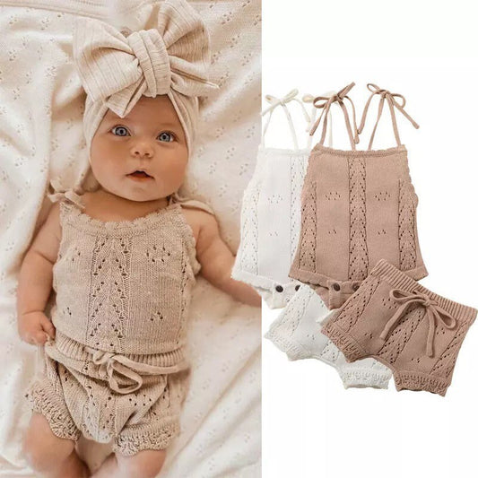 Summer Knit Onesie and Bottoms in Beige or White for Babies and Toddlers