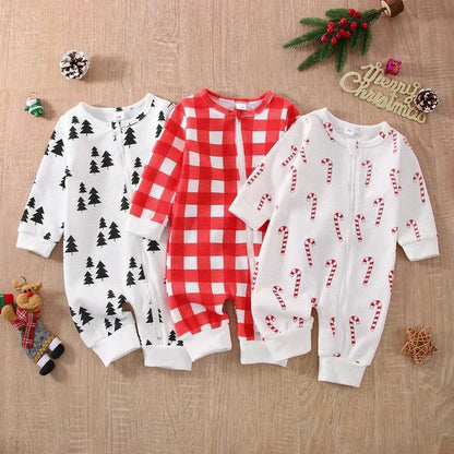 Christmas Baby Onesies Candy Cane, Pine Trees, Red White Checker Print