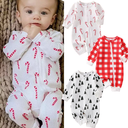 Christmas Baby Onesies Candy Cane, Pine Trees, Red White Checker Print