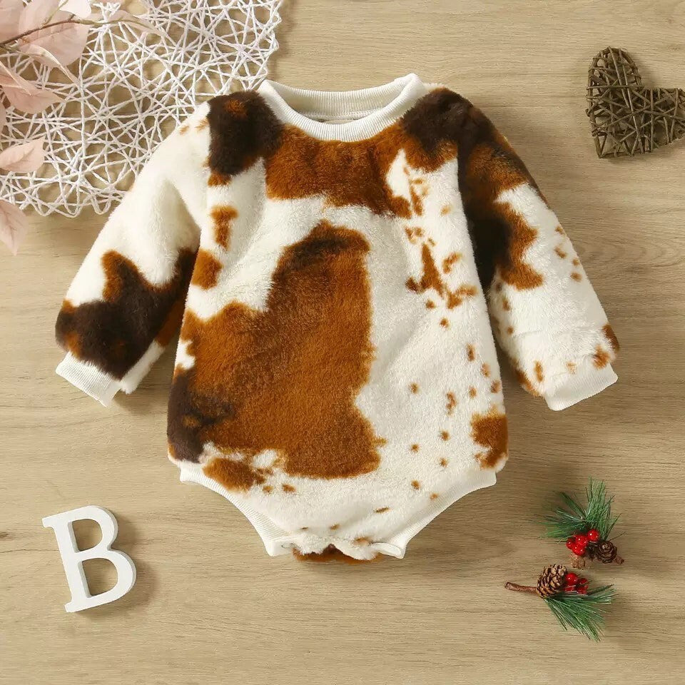 Cow Print Soft Fuzzy Onesie for Baby or Toddler