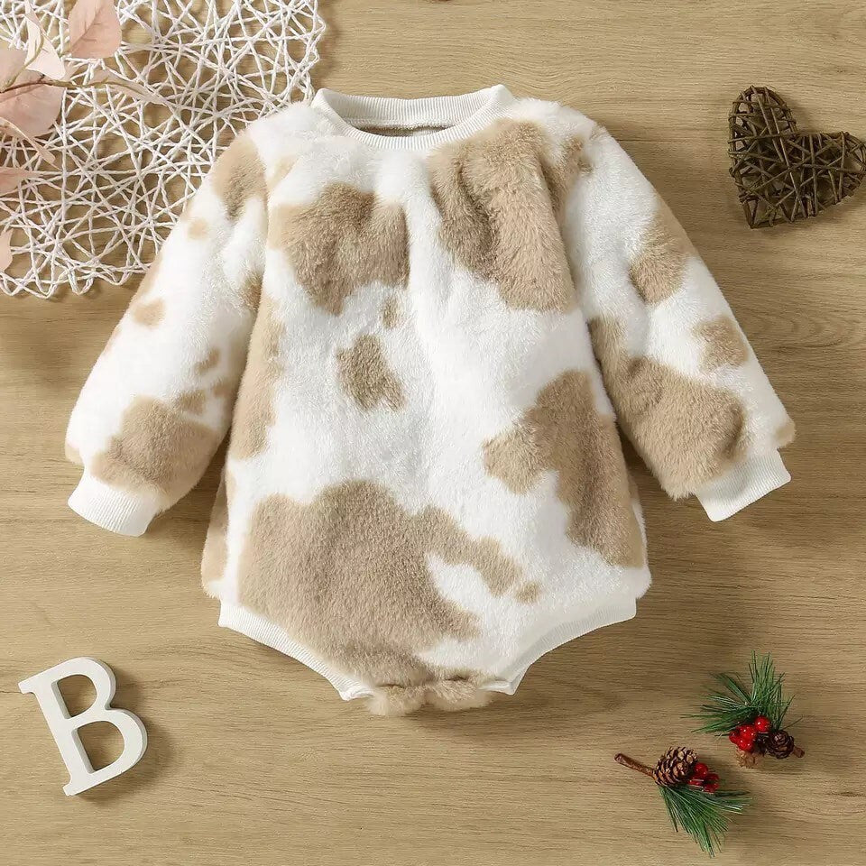 Cow Print Soft Fuzzy Onesie for Baby or Toddler