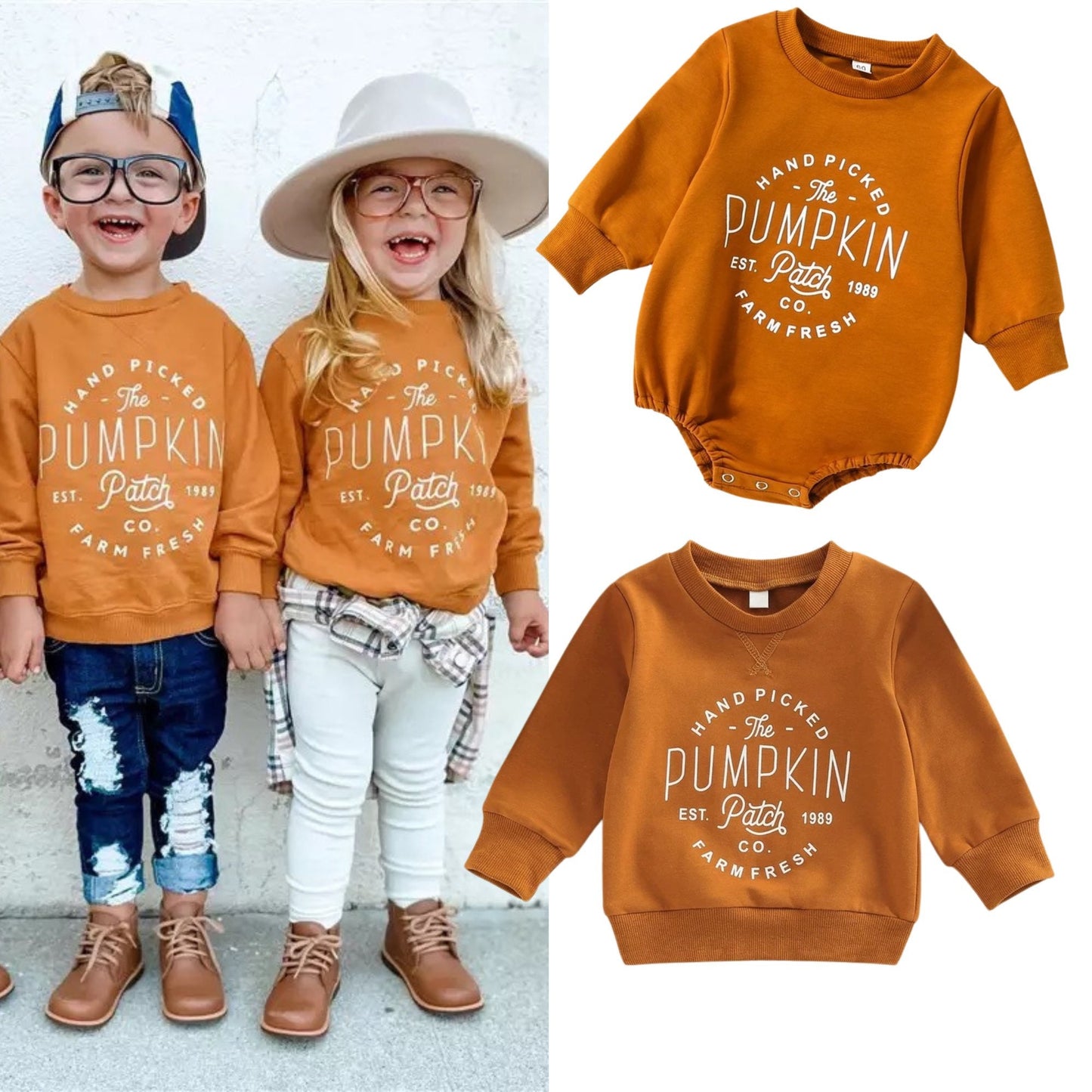 Pumpkin Patch Handpicked and Farm fresh Pullover Sweatshirt for Baby or Toddler Boy or Girl Long Sleeve Onesie