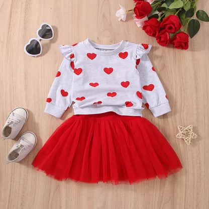 Red Dress with Gray Heart Sweater for Little Girl Toddlers and Kids for Valentines Day