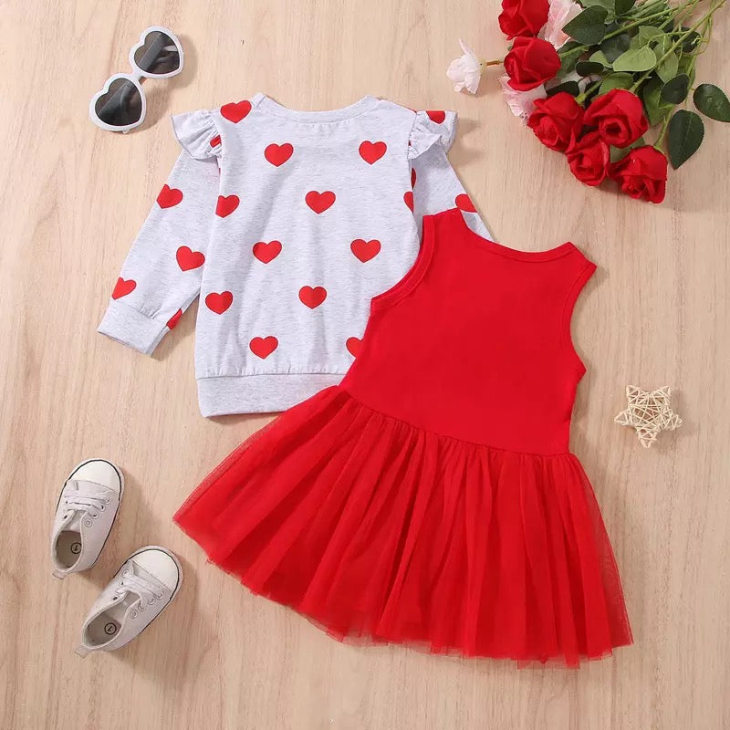 Red Dress with Gray Heart Sweater for Little Girl Toddlers and Kids for Valentines Day