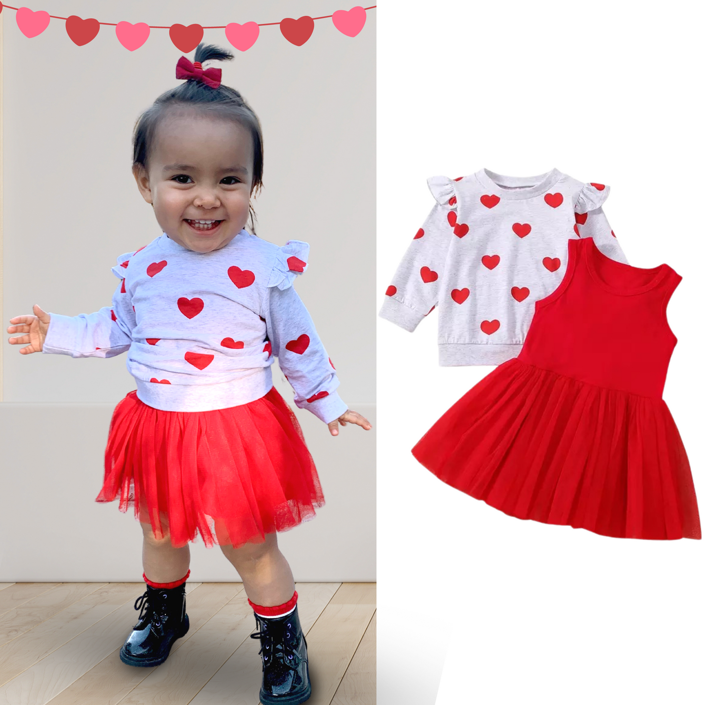 Red Dress with Gray Heart Sweater for Little Girl Toddlers and Kids for Valentines Day